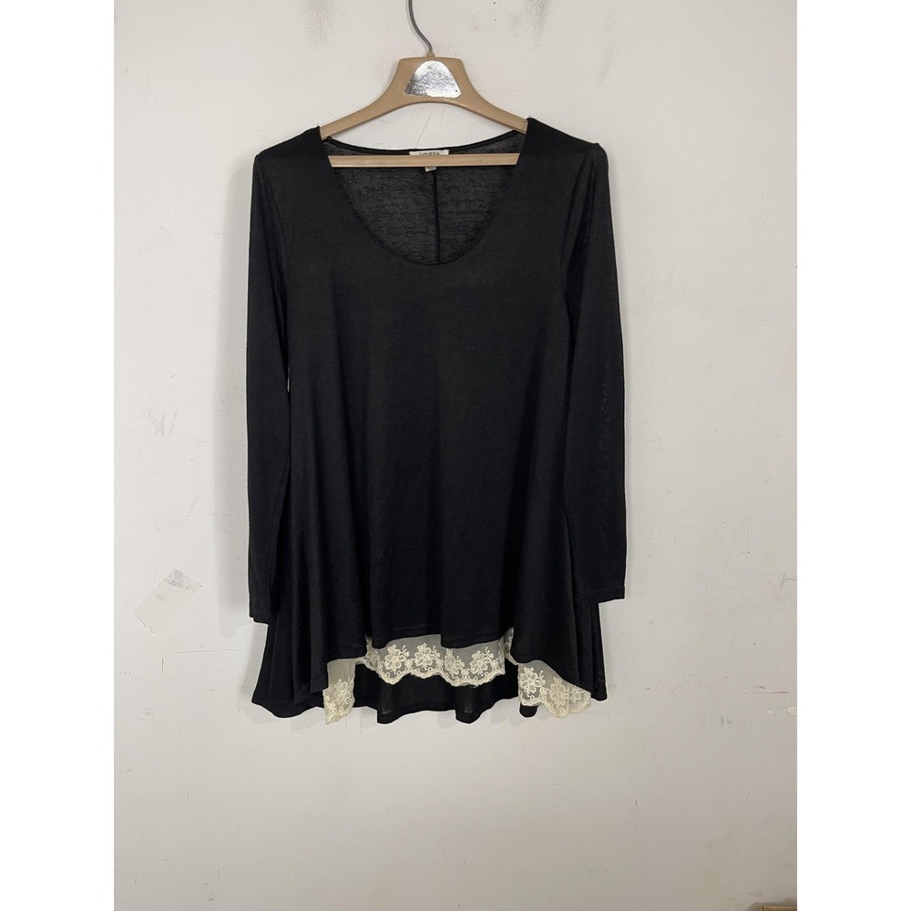 Umgee Womens Shirt Small Black‎ Gothic Whimsigoth Dark Coquette Lace Trim